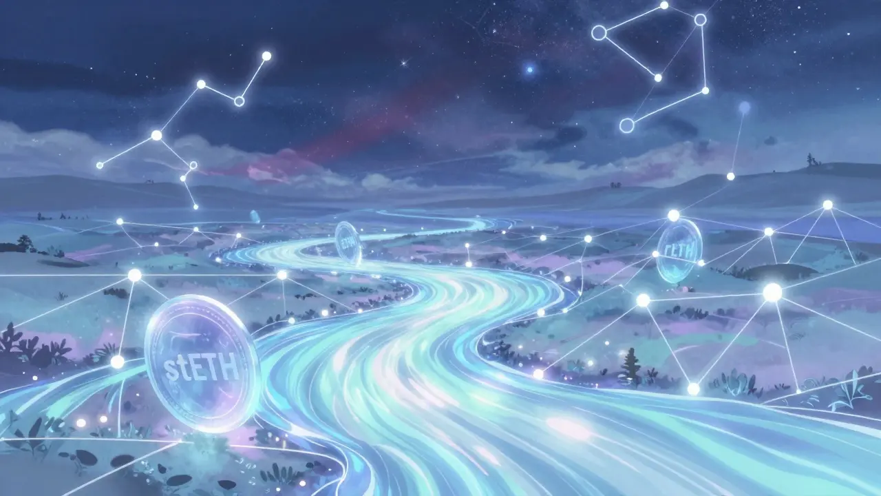 Fluid digital art showing liquid staking tokens flowing