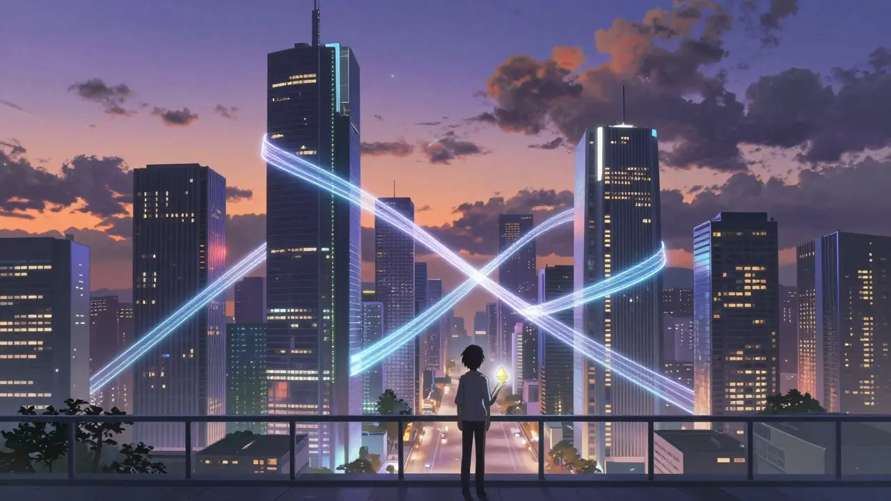 Futuristic cityscape showing blockchain network migration at dusk