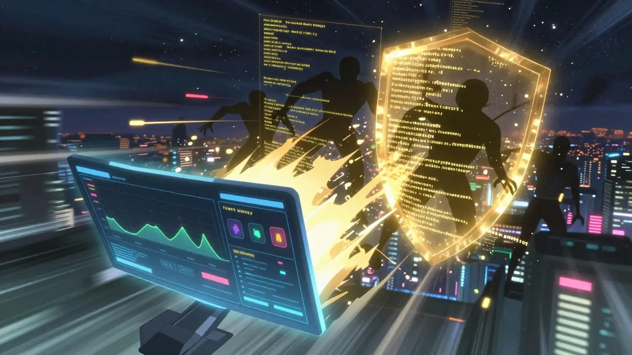 Futuristic security dashboard blocking shadowy cyber threats against a starry night sky.