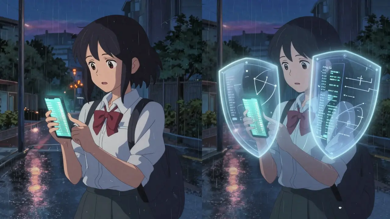 Girl holding phone with blockchain data, protected by cryptographic shields in rainy city.
