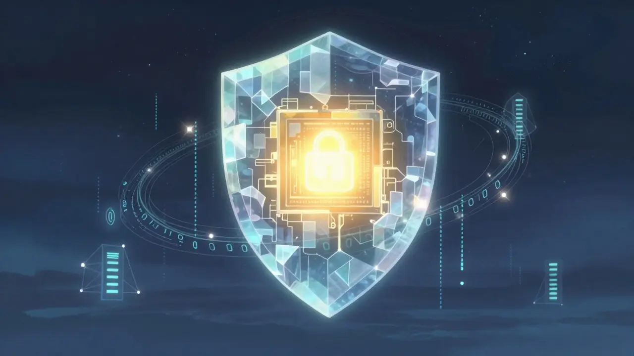 Glowing digital shield protecting data in Makoto Shinkai art style