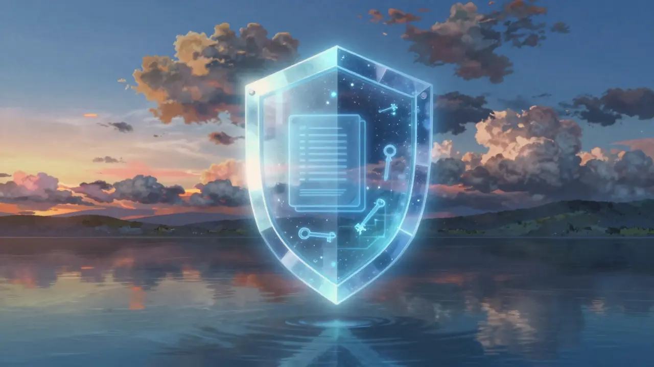 Glowing digital vault floating over a calm lake at twilight