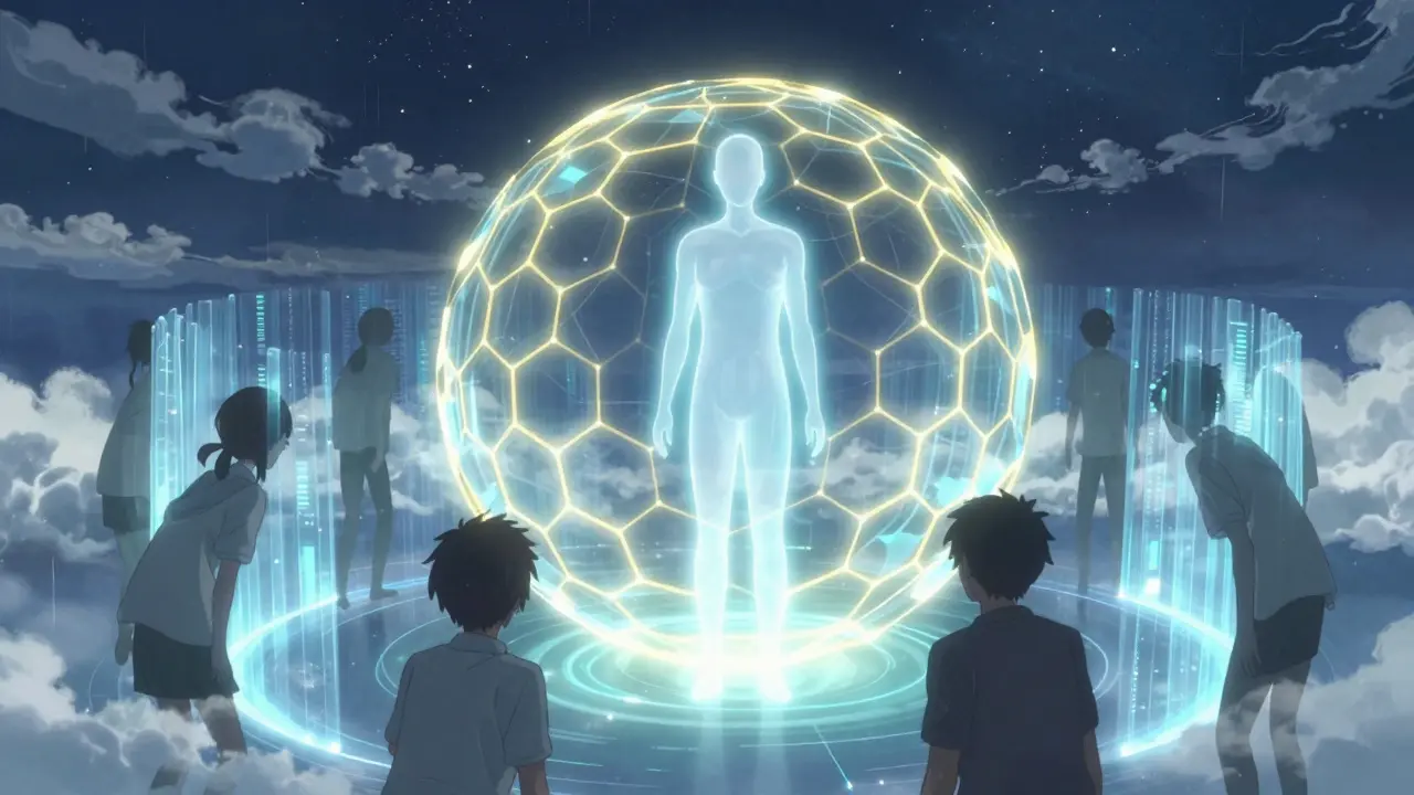 Glowing human silhouette protected by hexagonal blockchain grid in starry sky