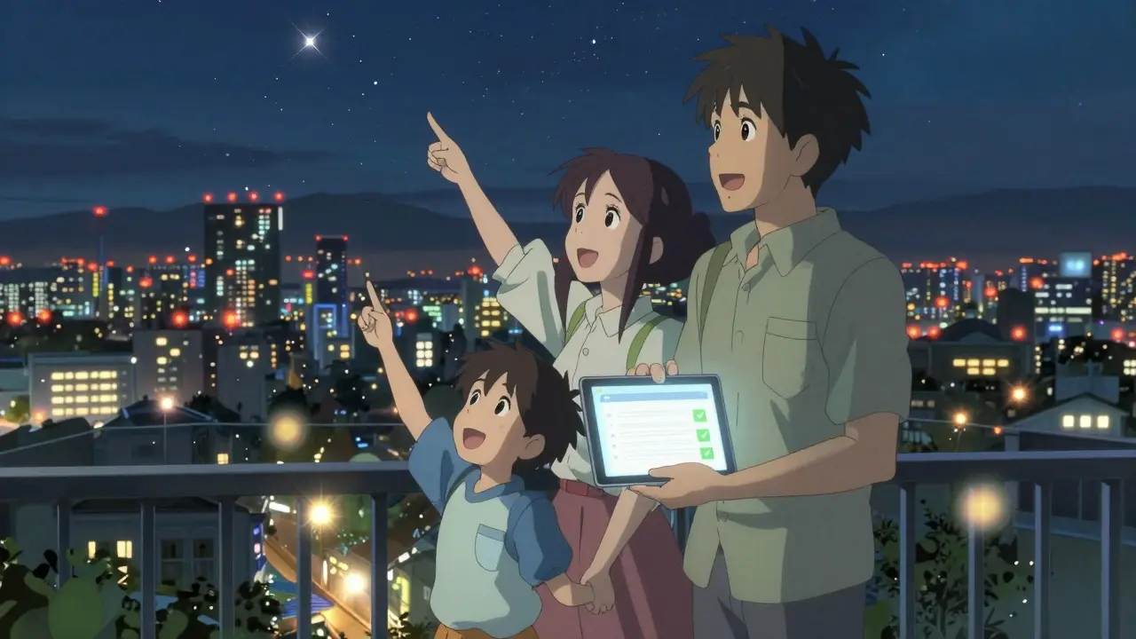 Happy family looking at city lights with secure digital organization