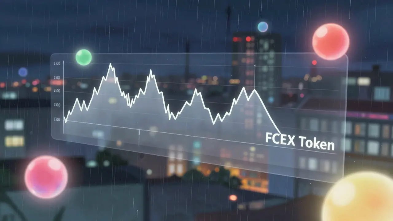 Hyper-detailed anime art depicting the worthless FCEX token as a fading, transparent ribbon at zero value, contrasting with dynamic, valuable crypto assets in a rainy, atmospheric setting.