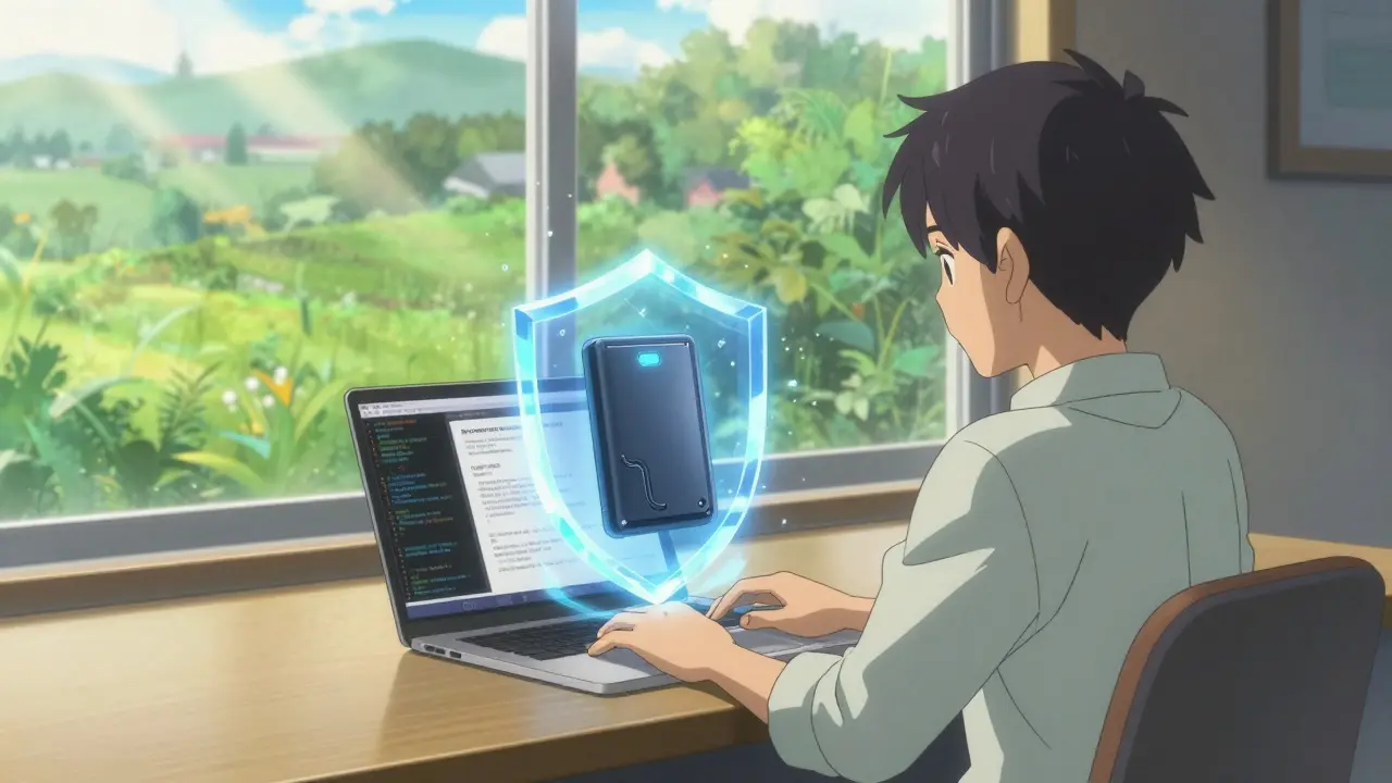 Laptop displaying protective code shields around hardware wallet