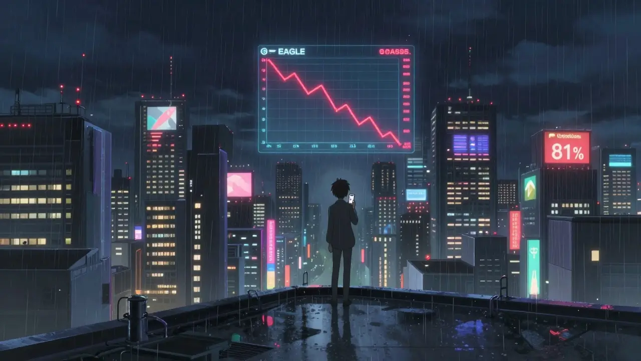 Lone figure checking flat crypto chart on roof