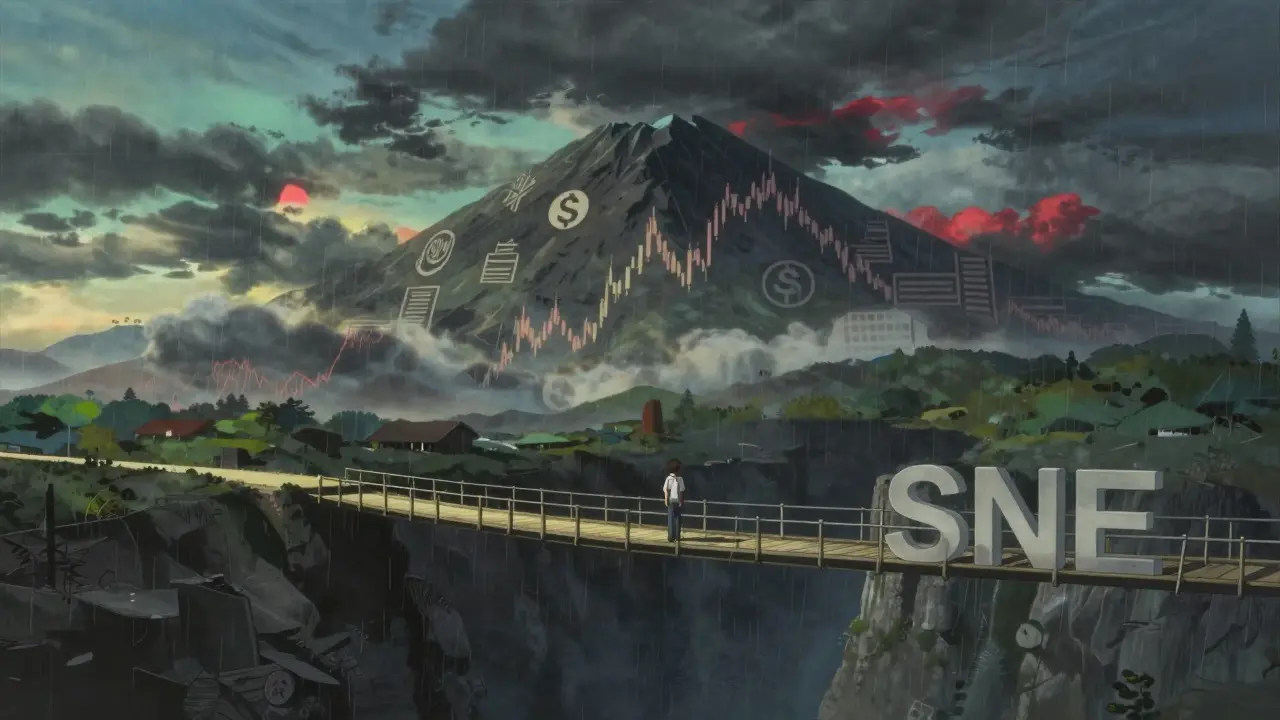 Lone figure on a fragile bridge over an abyss, symbolizing market risk