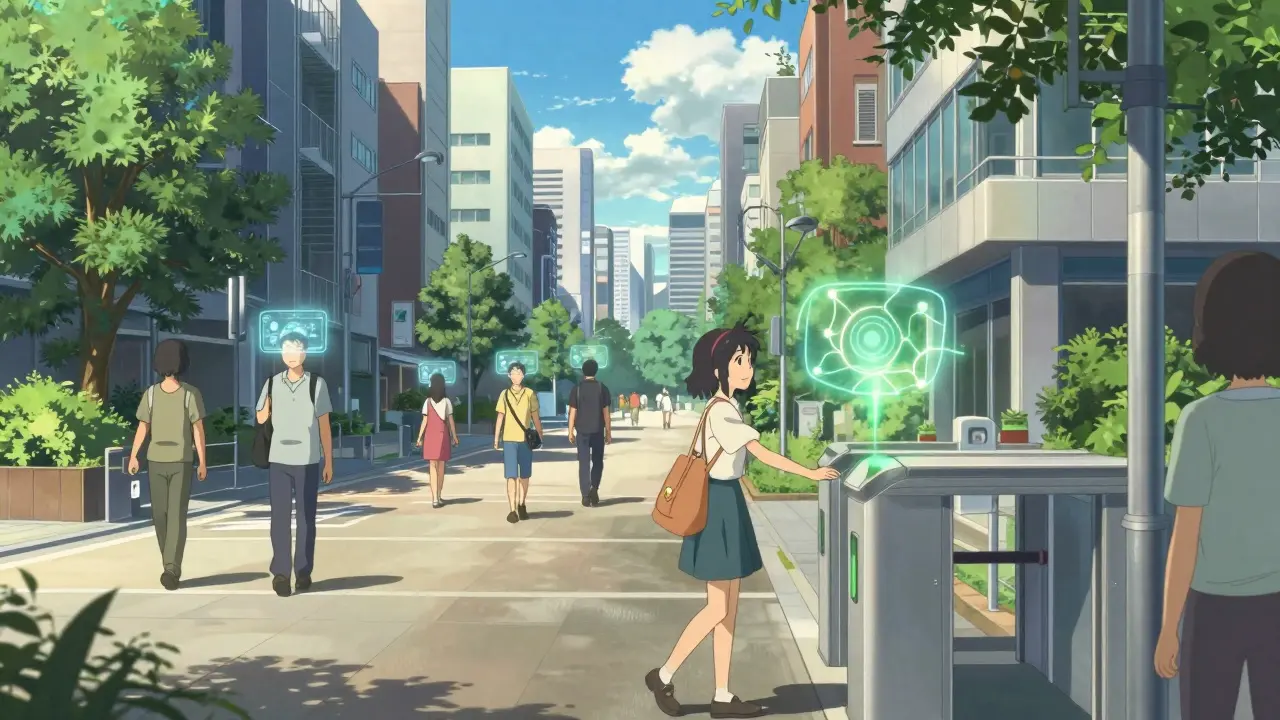 People using seamless AR identity verification on a sunny futuristic city street