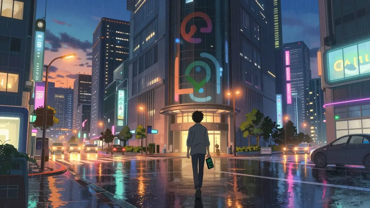 Person walking through neon rainy city holding crypto wallet