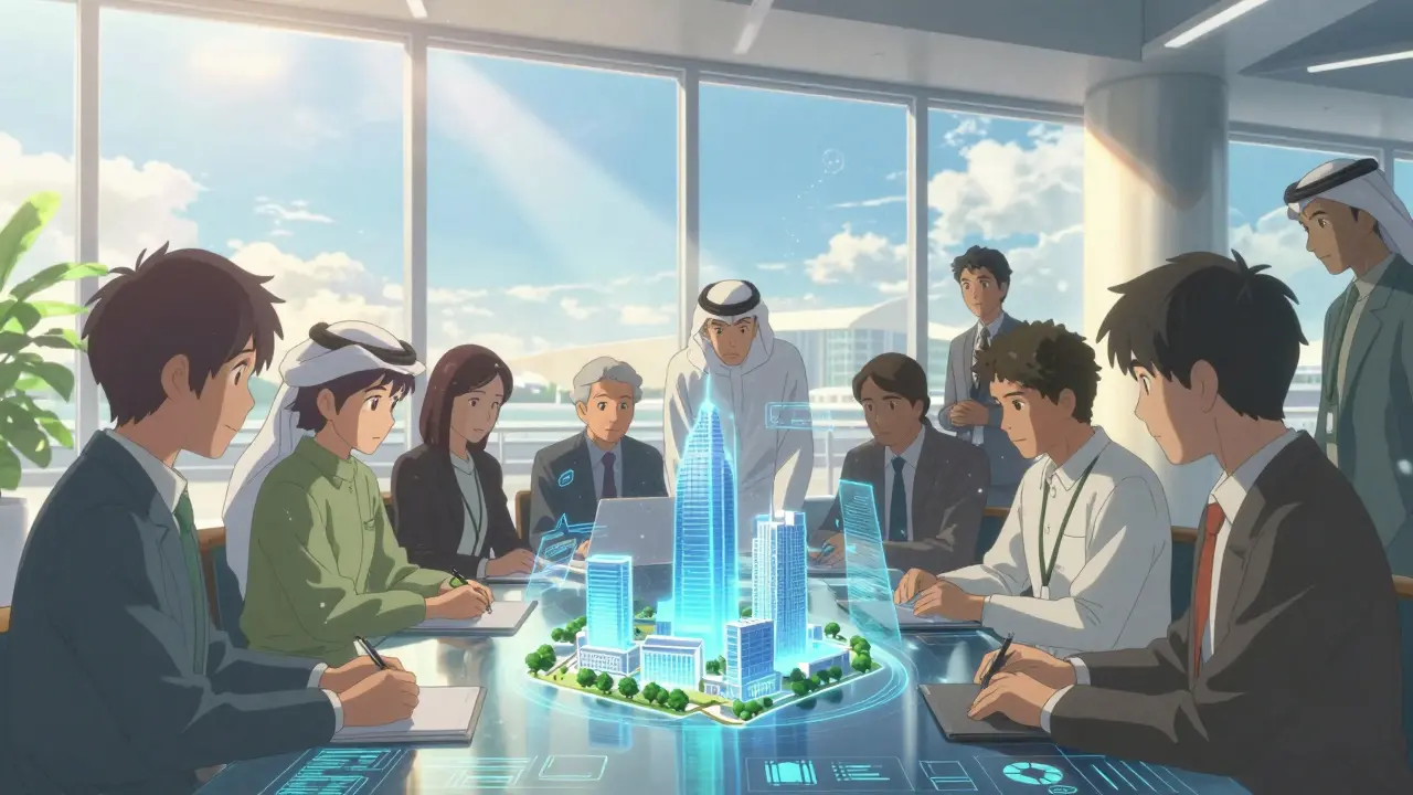 Professionals analyzing holographic tokenized real estate in a sunlit office