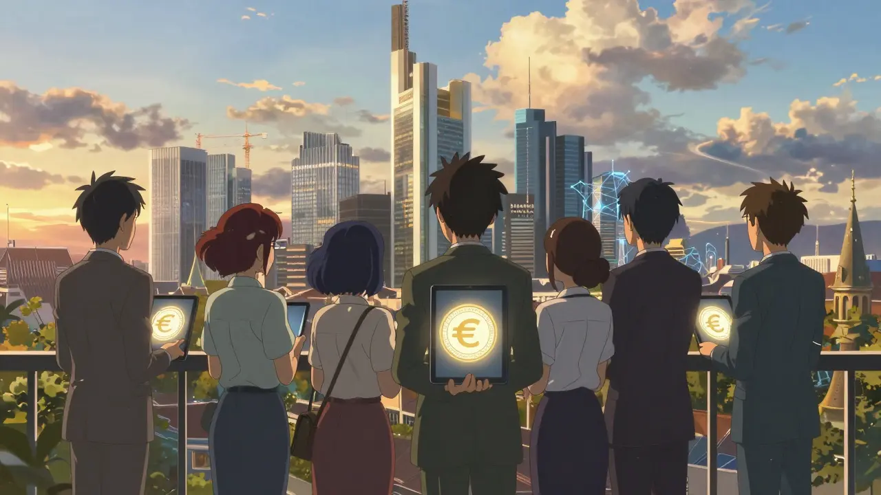 Professionals viewing new euro stablecoin launch