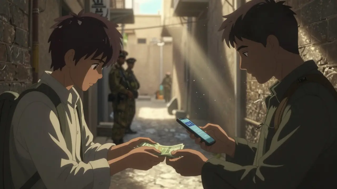 Secret underground crypto exchange in a sunny Afghan alleyway
