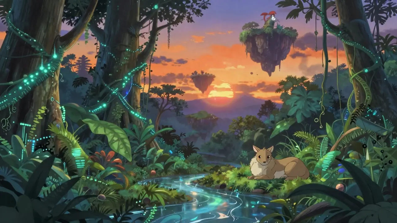 Serene Jungle Metaverse landscape with resting NFT animal