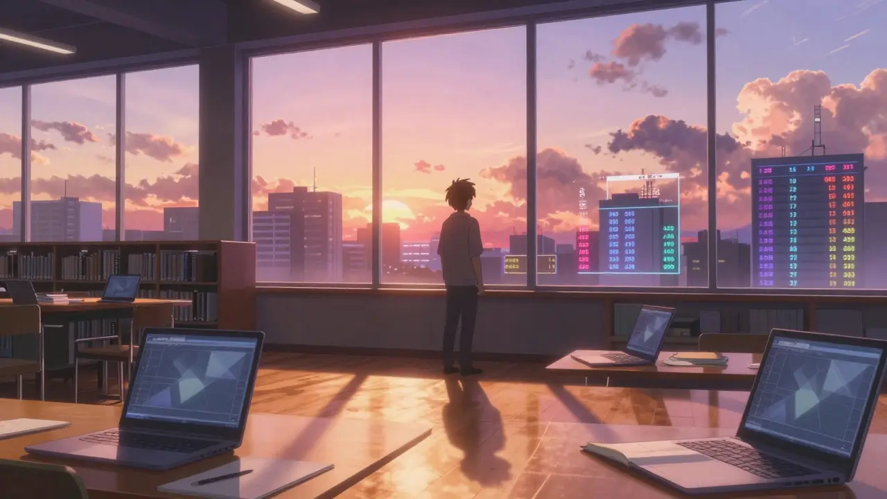 Serene sunset scene of a student studying market trends in a sunlit library