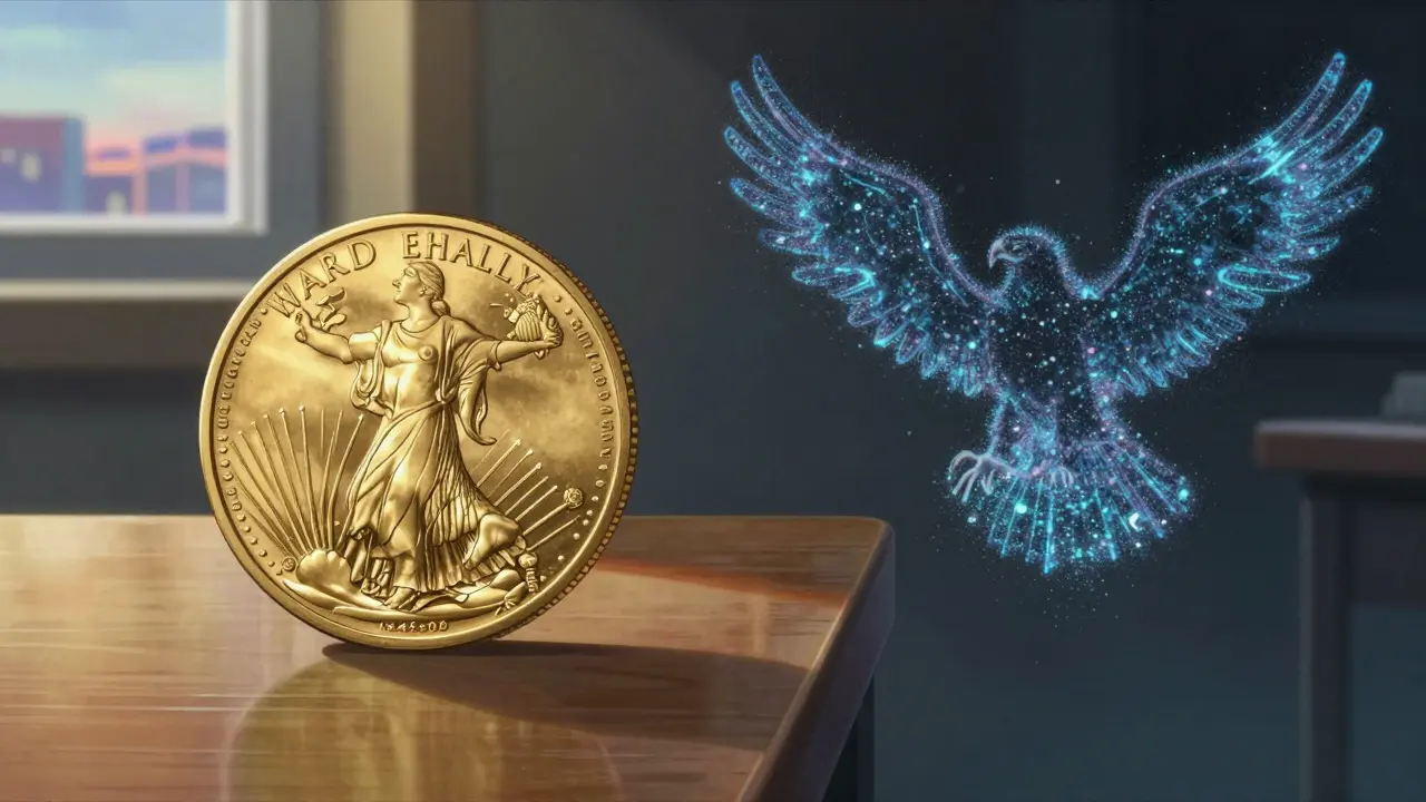 Shiny gold coin vs chaotic digital particles