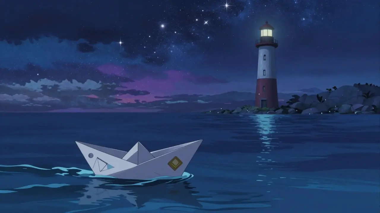 Small boat drifting under starry sky near a lighthouse, symbolic anime art