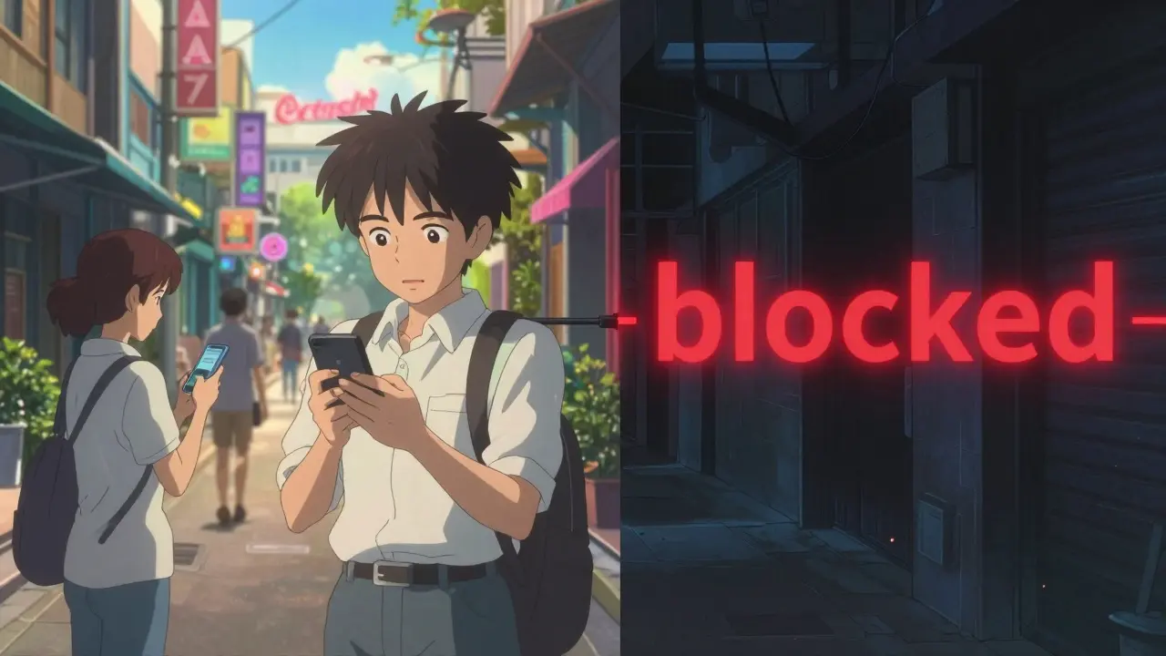 Split scene showing safe crypto usage versus blocked access