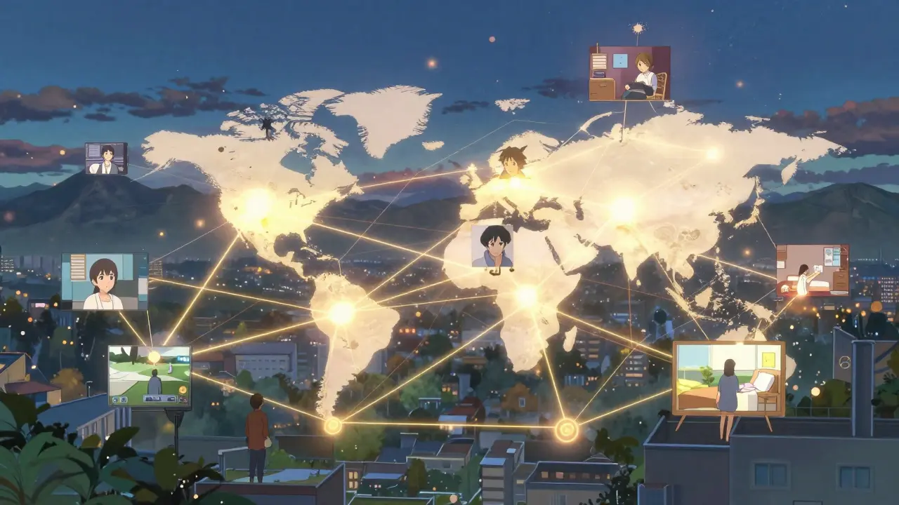 Streamers connected by glowing digital threads in anime style