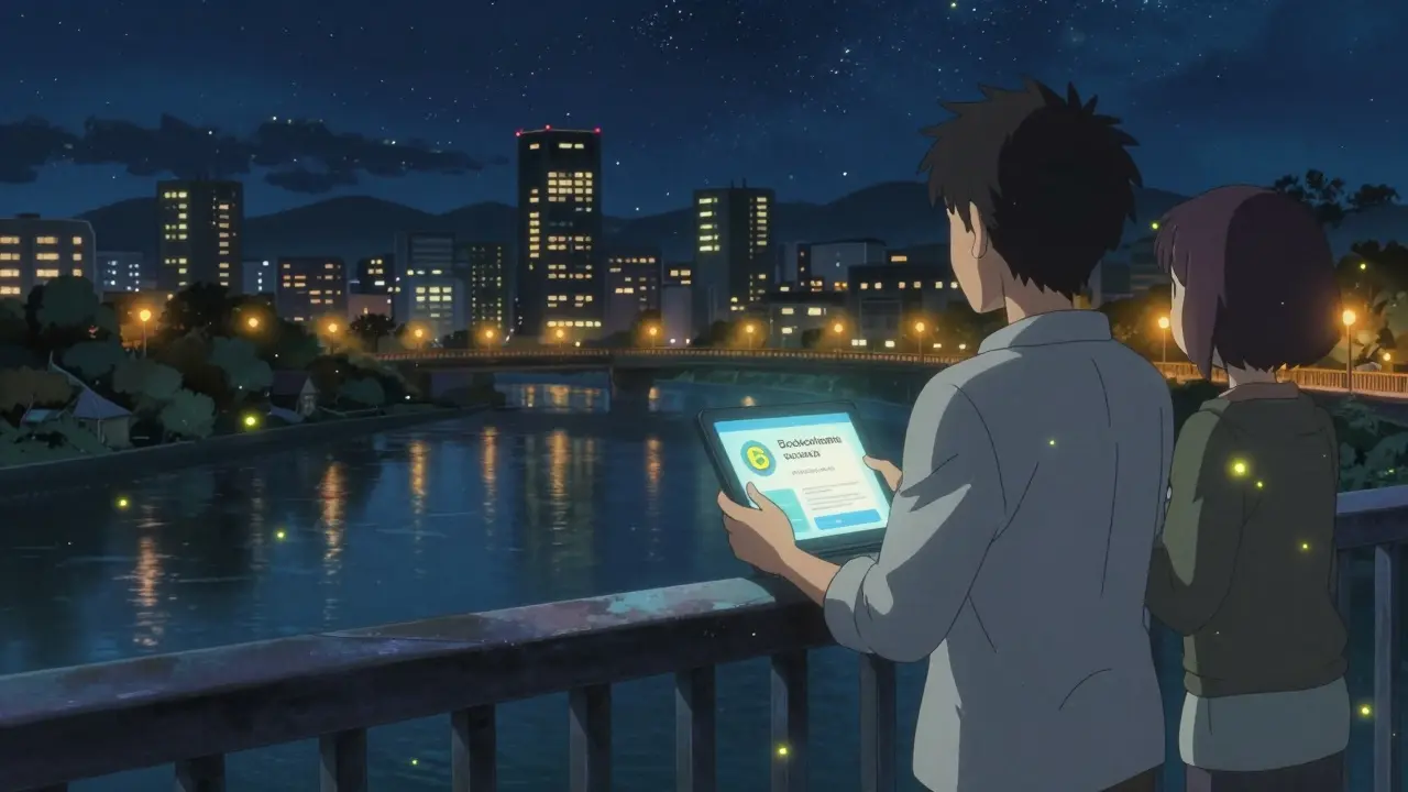 Two people on bridge looking at city skyline at night in anime