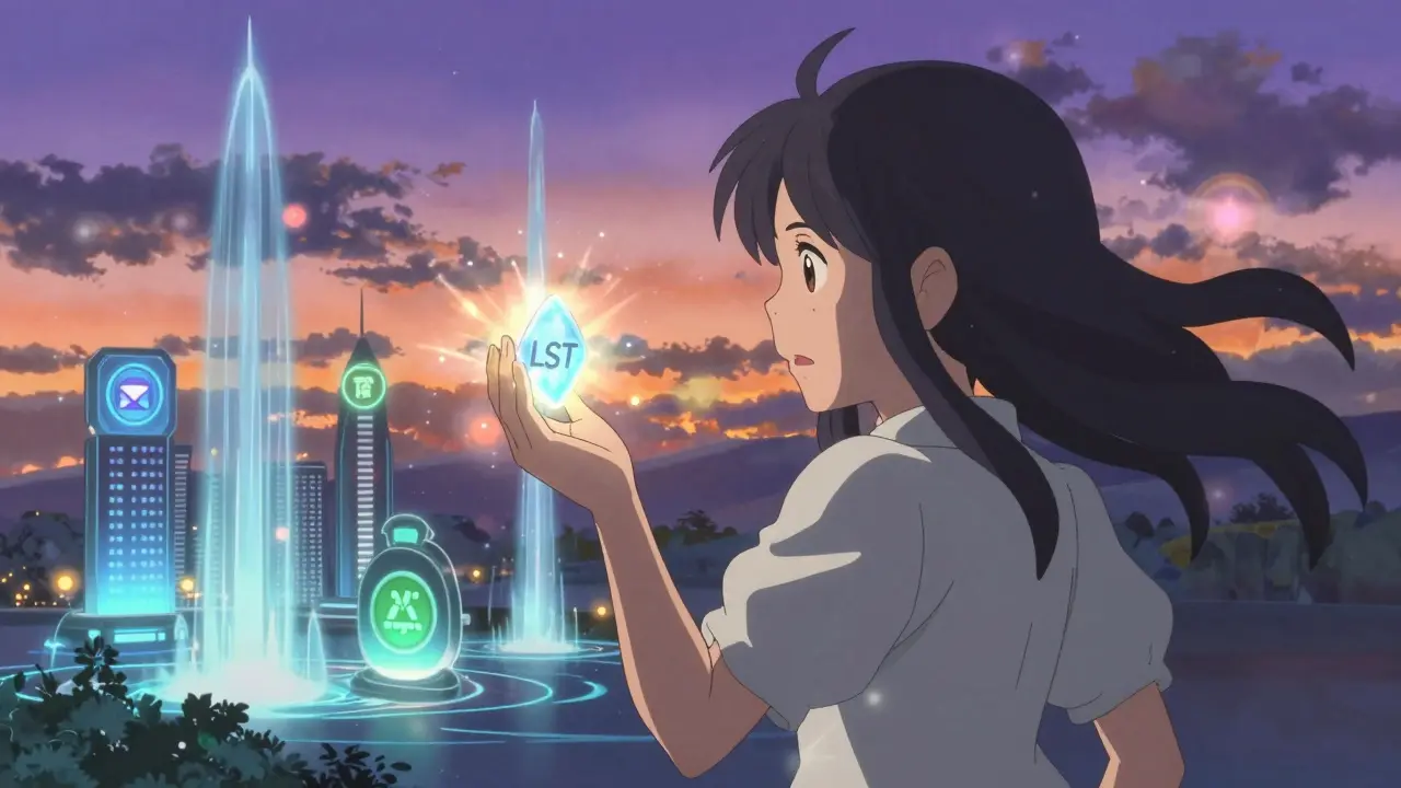 Anime art of a glowing liquid staking token breaking free from chains