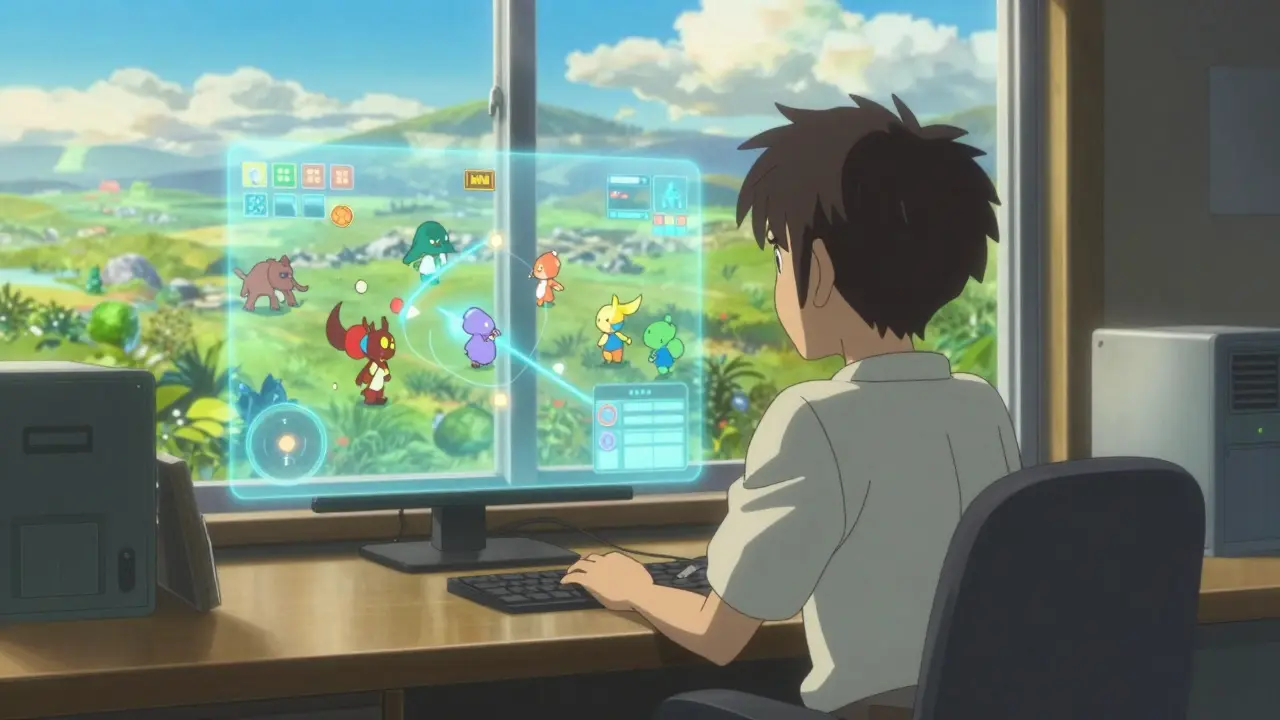 Anime character watching idle RPG gameplay in a sunlit, contemplative room