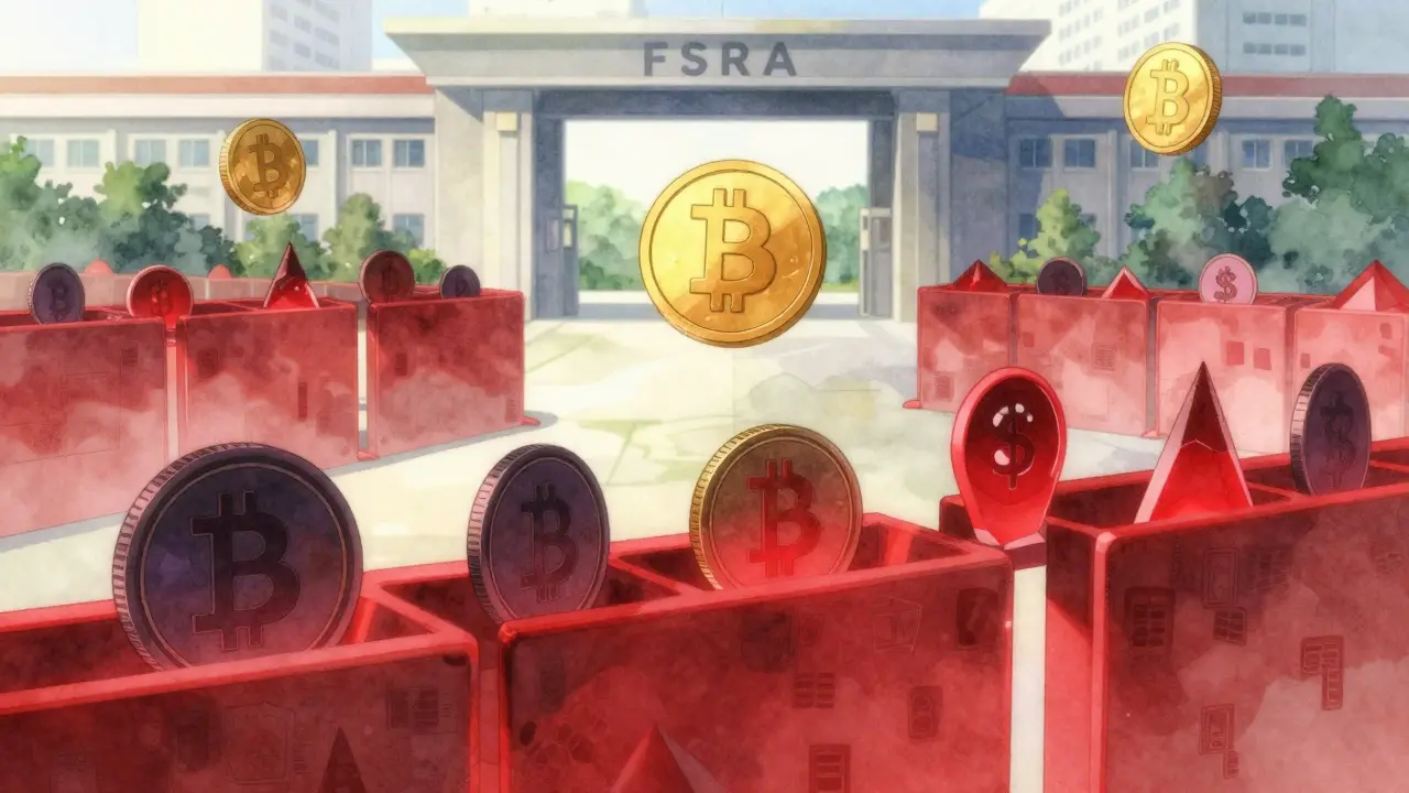 Anime concept art showing banned crypto tokens blocked by red regulatory barriers