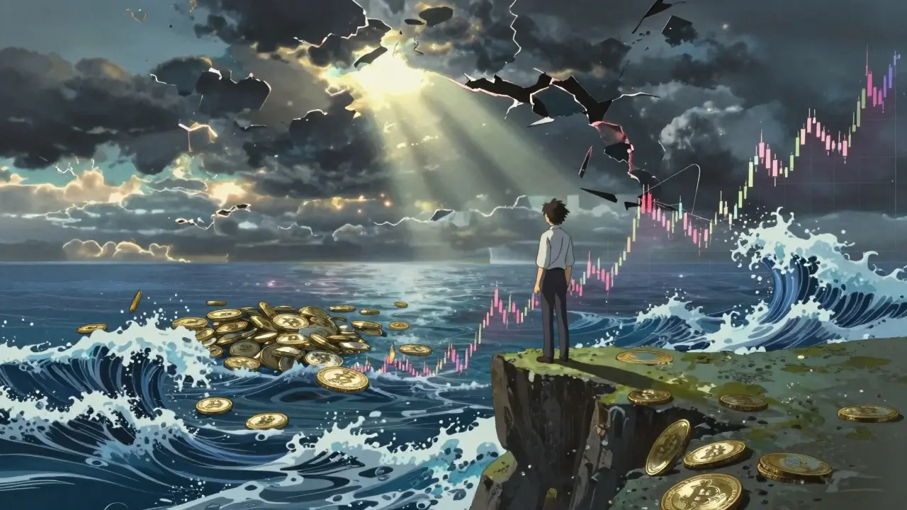 Anime figure standing on a cliff overlooking a stormy sea of volatile crypto price charts.