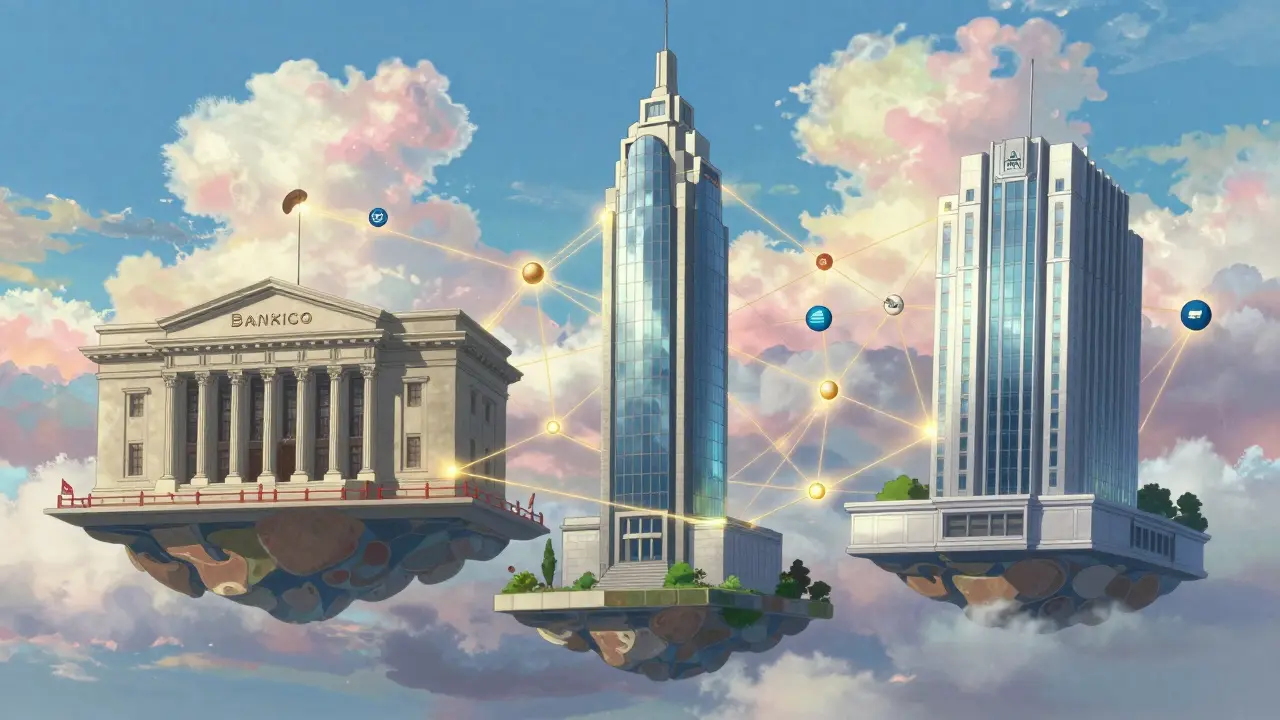 Anime style: Floating buildings representing Mexican regulators and fintech connections