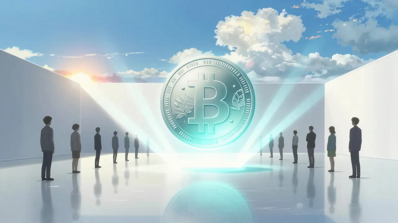 Anime style: Glowing digital peso symbol reaching out to people in hopeful light