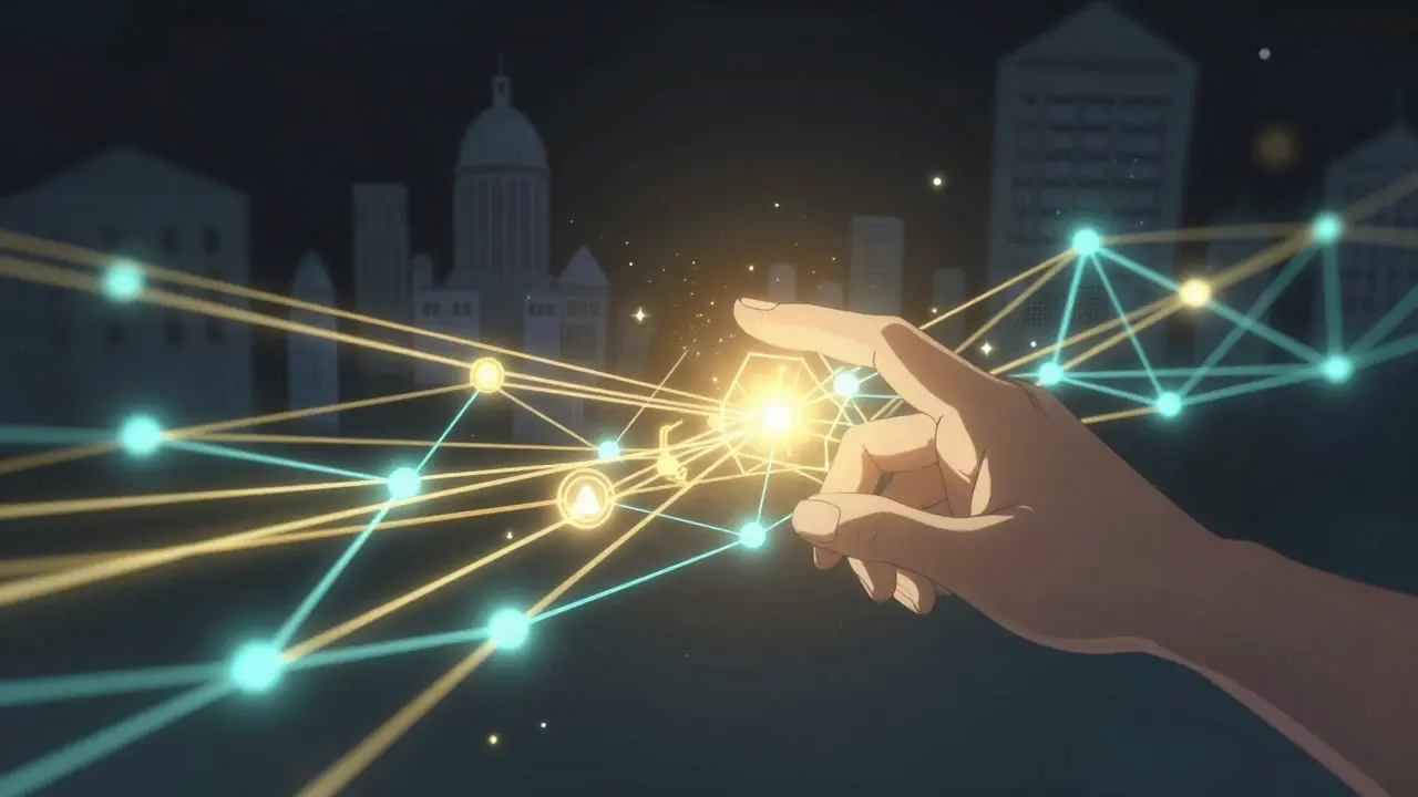Anime style: Hand touching ethereal blockchain network strands in void