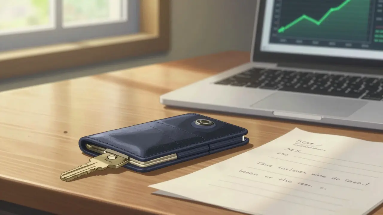 Anime style: Hardware wallet and seed phrase on sunlit table