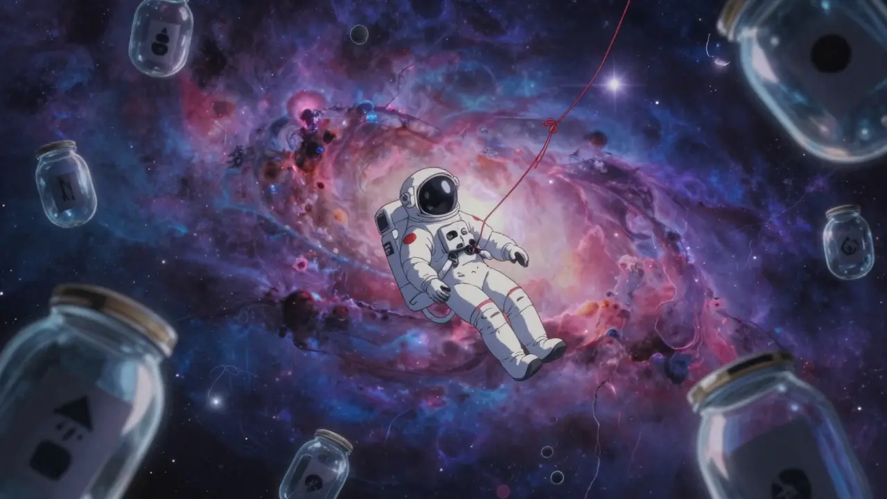 Astronaut floating in space with empty jars, Makoto Shinkai style