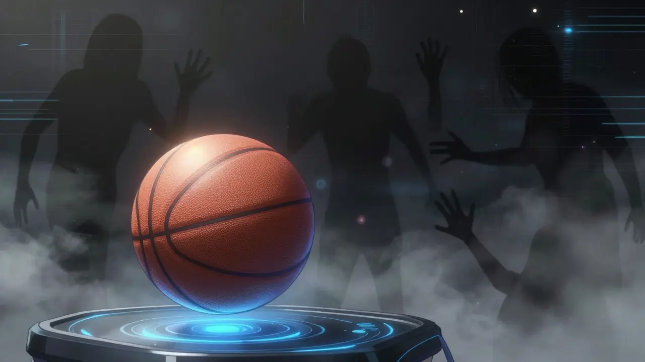 Basketball and shadowy figures in digital fog