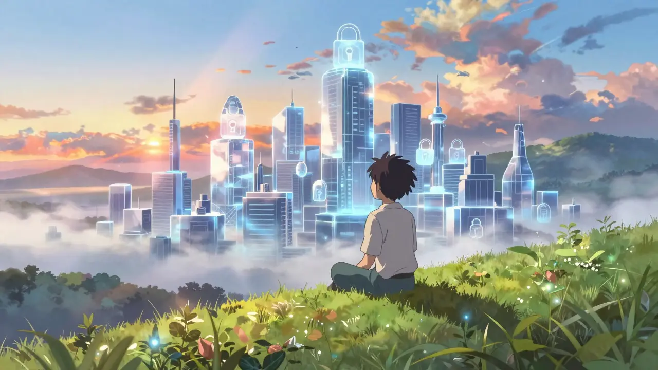 Character overlooking safe, transparent blockchain city