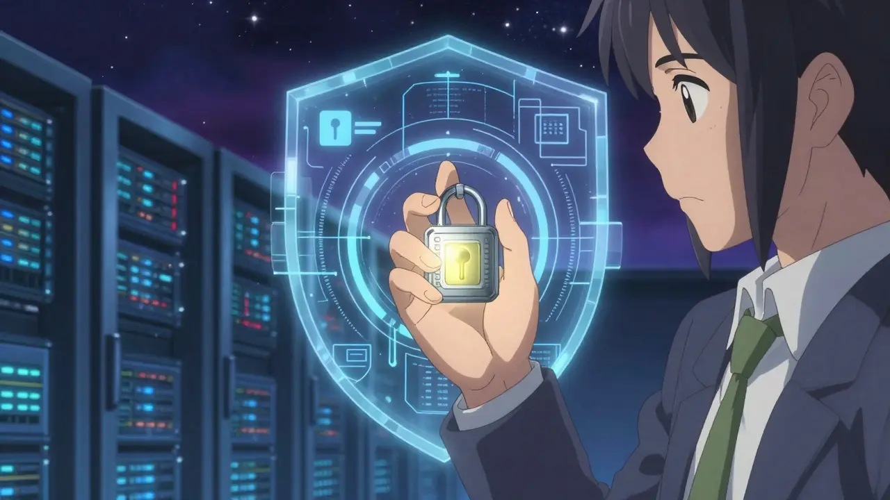 Close-up of a secure digital key with cyber shields in a starry server room setting