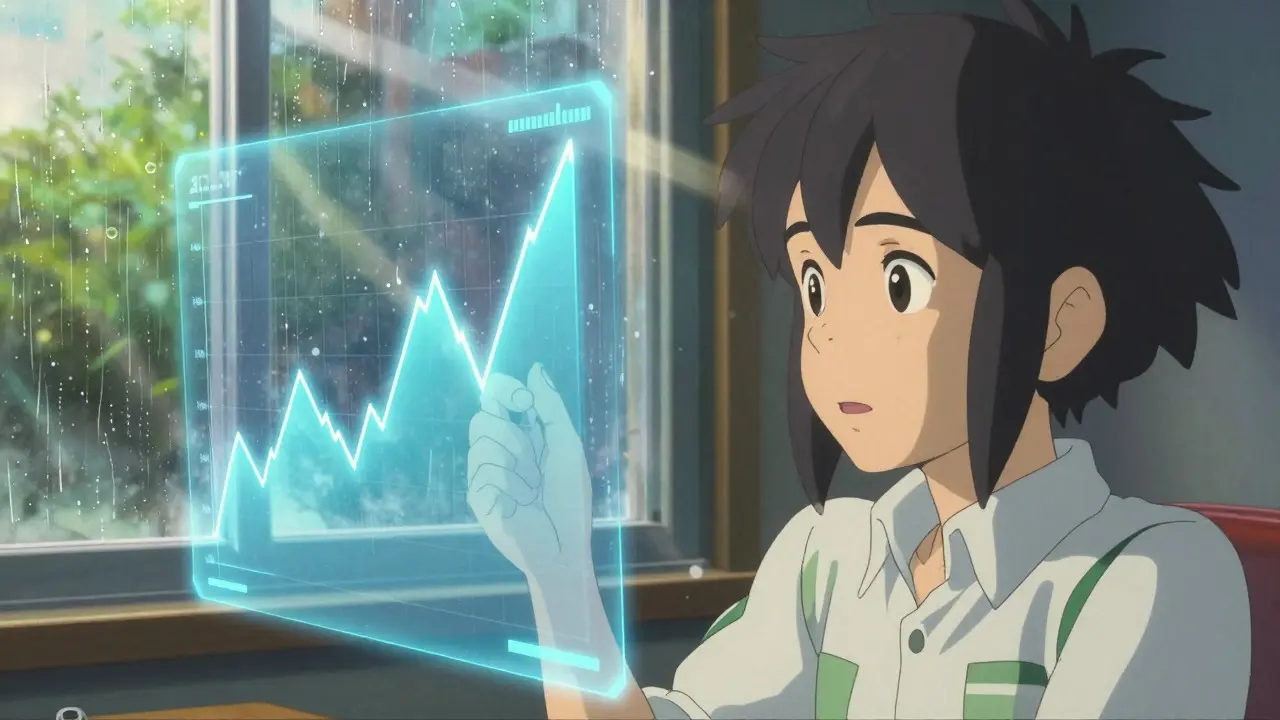 Contemplative investor viewing volatile crypto charts in a sunlit, rainy room, anime style.