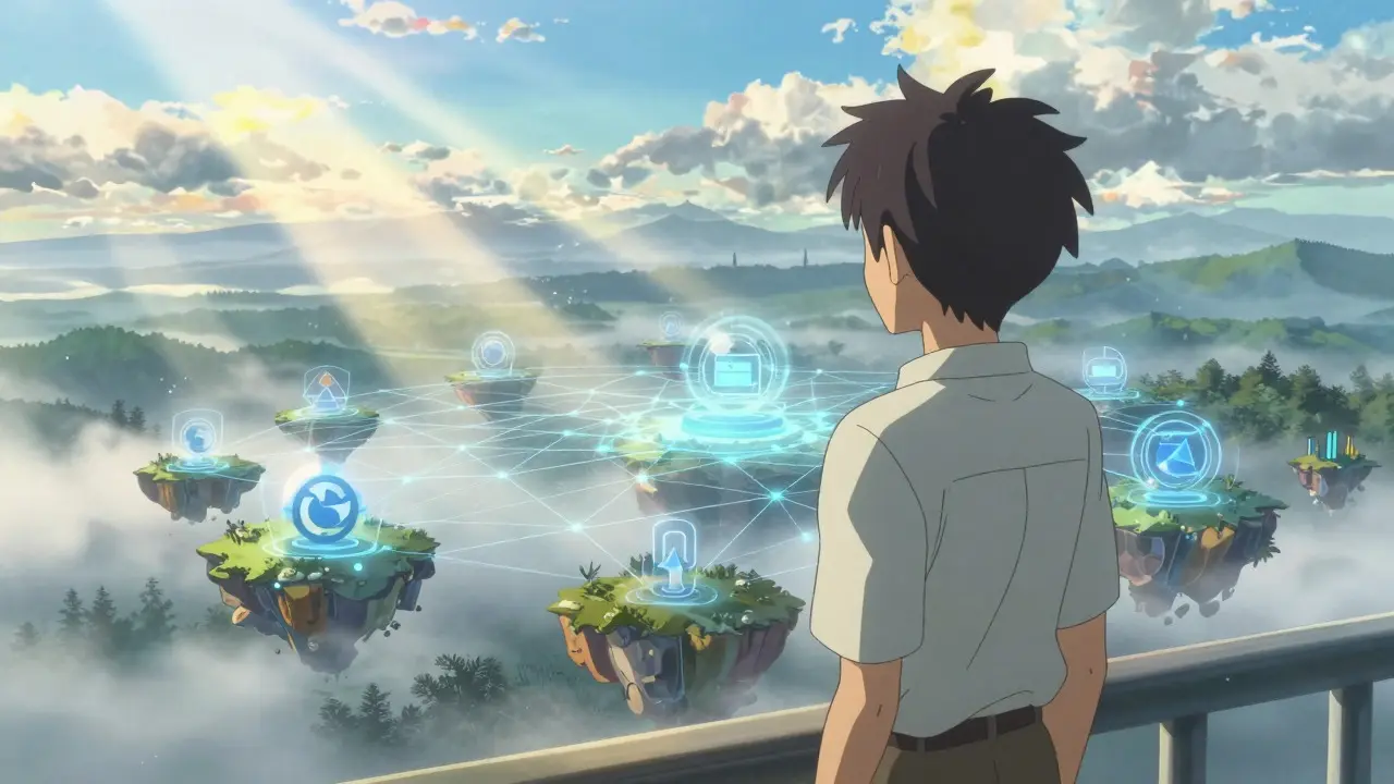 Digital landscape with connected islands symbolizing Web3 and DeFi ecosystems