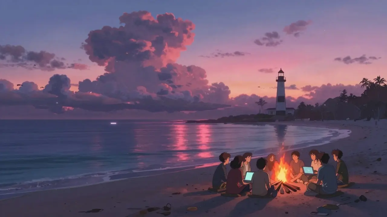 Digital nomads coding by fire on El Zonte beach under dramatic sunset clouds