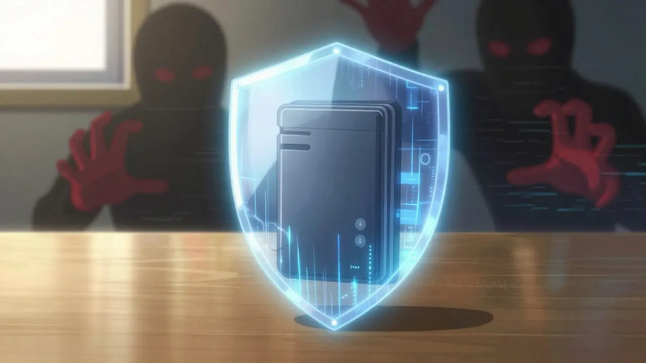 Digital shield protecting a crypto wallet from shadowy scammer figures