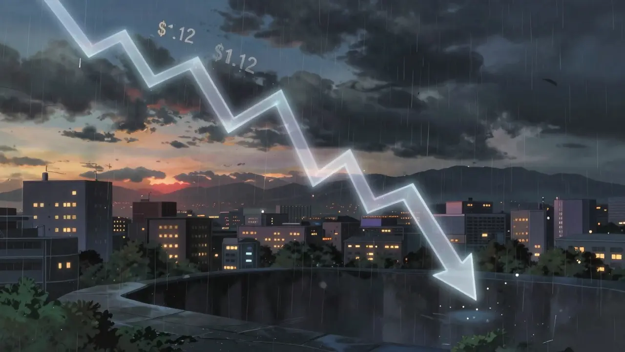 Dramatic anime illustration of a crashing crypto graph under stormy skies