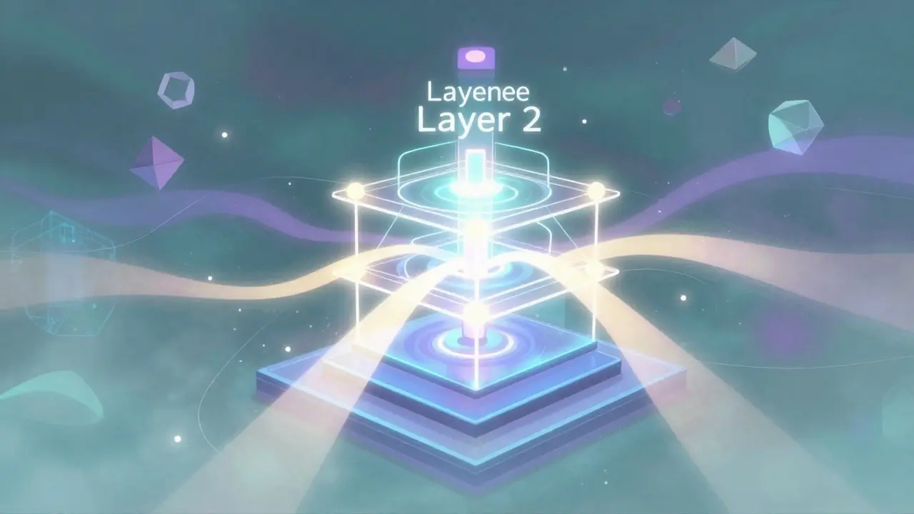 Futuristic glowing network layers connecting with soft light beams