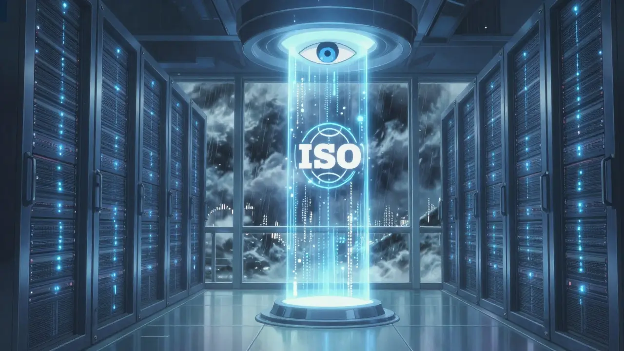 Futuristic secure server room with glowing data streams