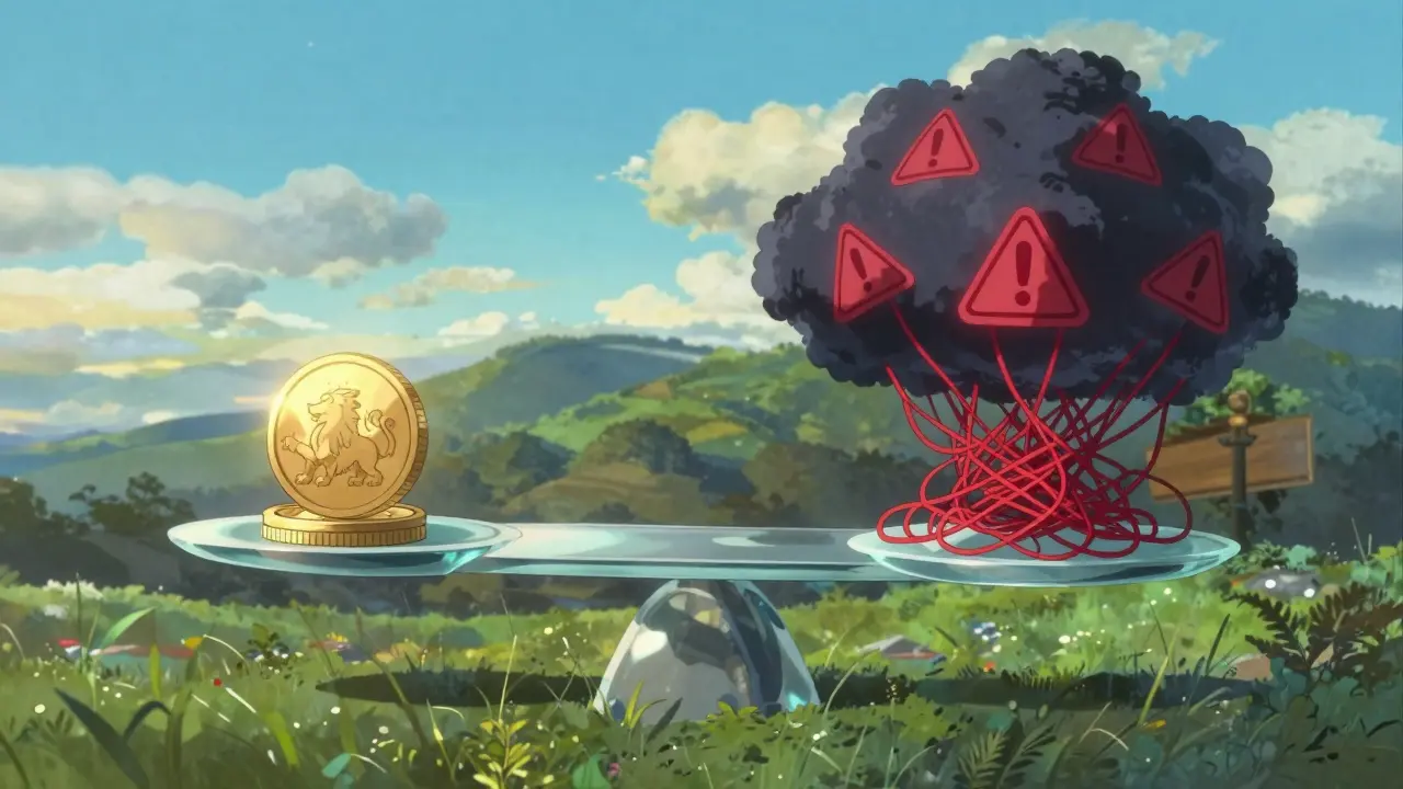 Glass scale balancing coin against risk clouds in anime art