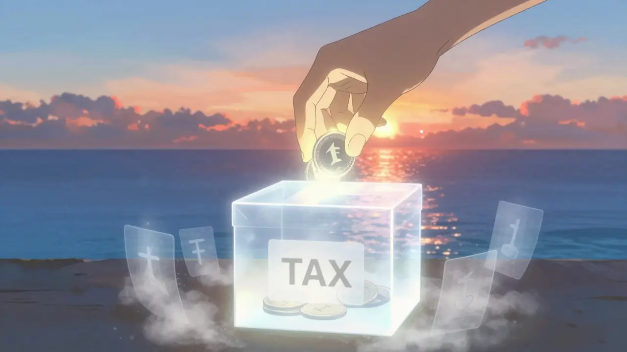 Glowing coin entering a crystal donation box against a sunset