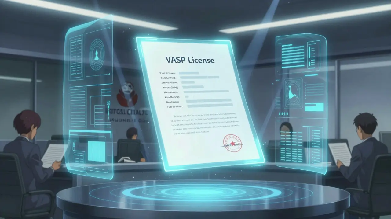 Glowing VASP license document in futuristic regulatory office setting