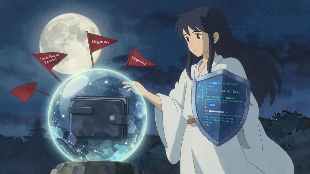 Guardian protecting digital wallet from scam arrows under starry night sky