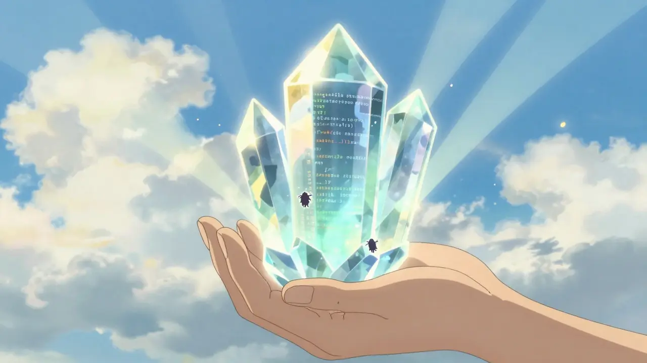 Hands inspecting glowing code crystal with light beams revealing hidden bugs