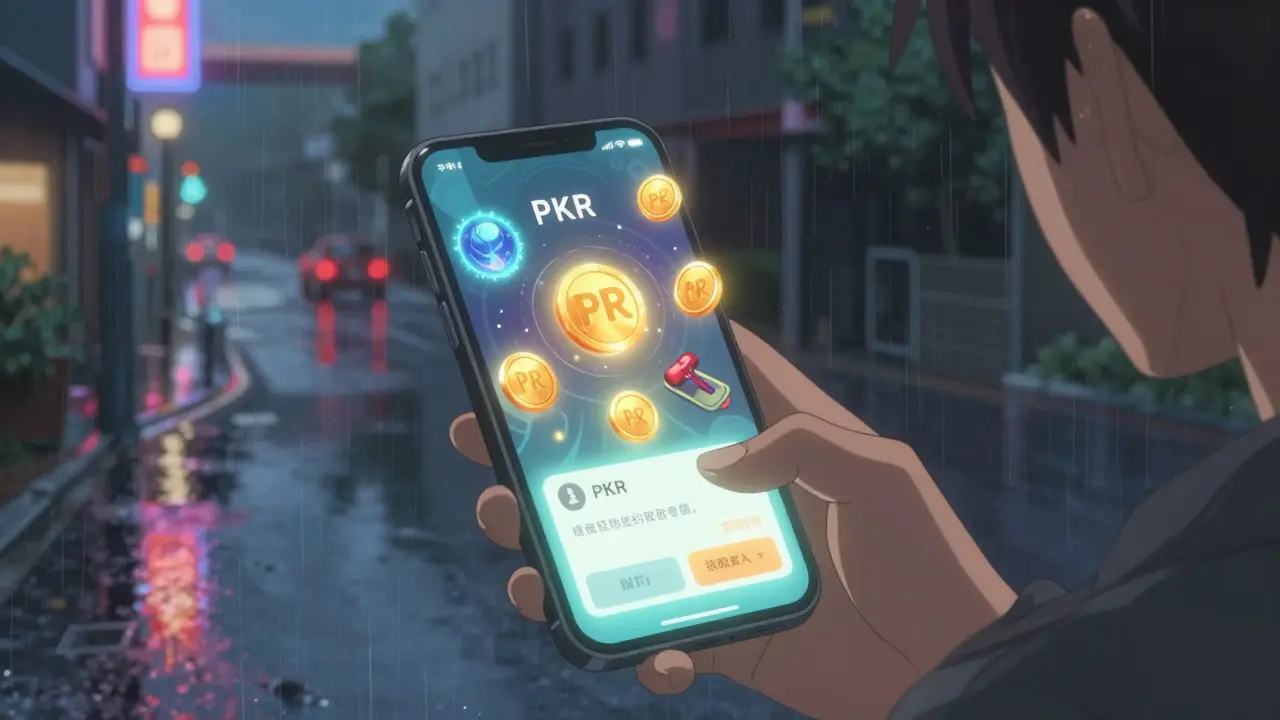 Holographic phone showing floating crypto tokens in rain