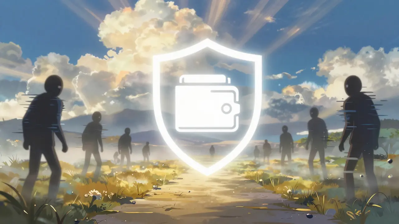 Light shield protecting digital wallet from shadowy scams